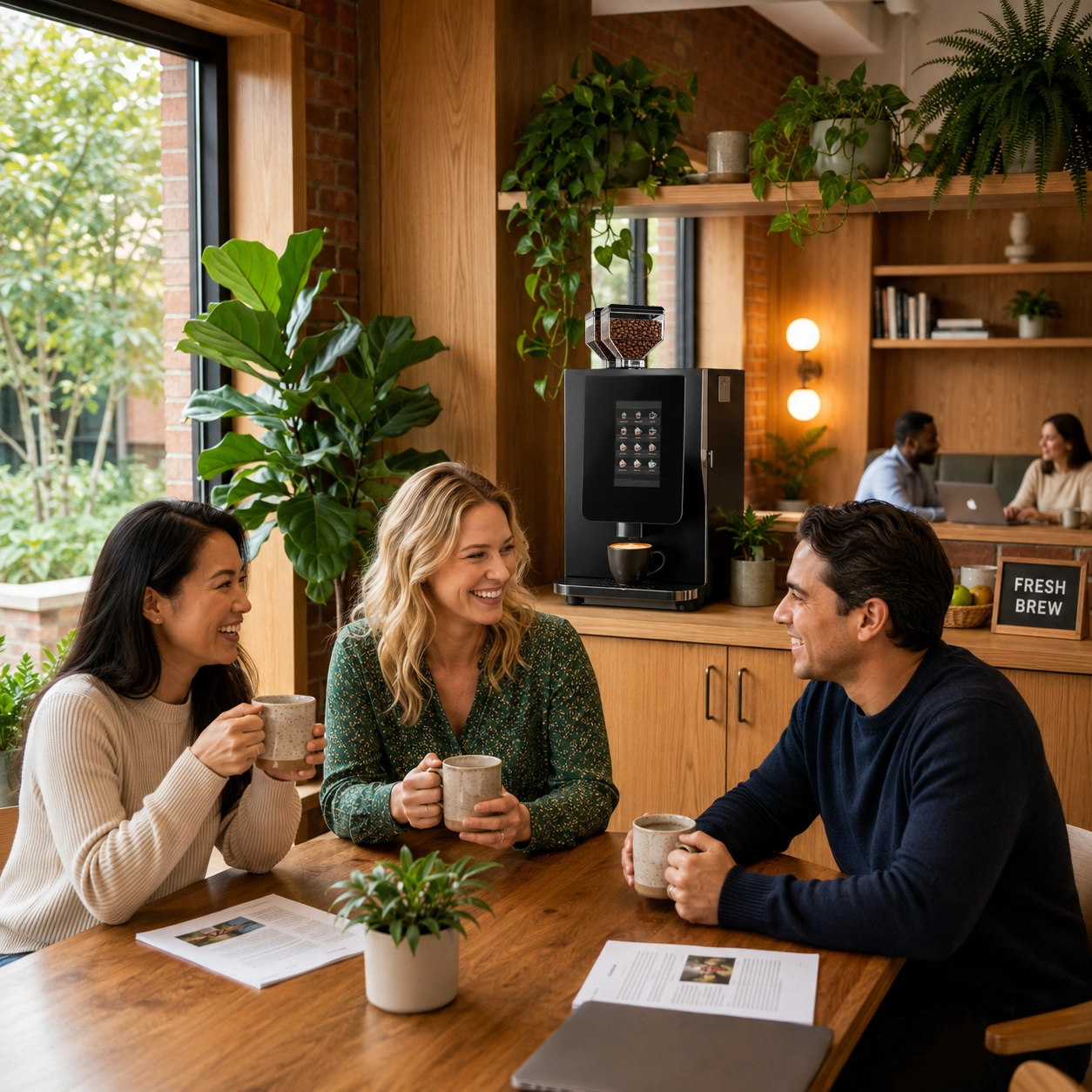 Connecticut office breakroom with employees enjoying premium coffee service